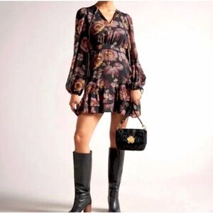 Ted Baker Piara Ruffle Minidress Size 1 Chiffon Floral Black Mauve